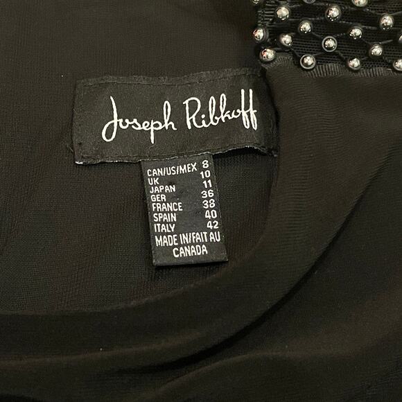 Joseph Ribkoff Black Dress LBD | Silver Beaded Mesh Sleeves, Y2K Glam, NWOT $390 - Picture 4 of 8